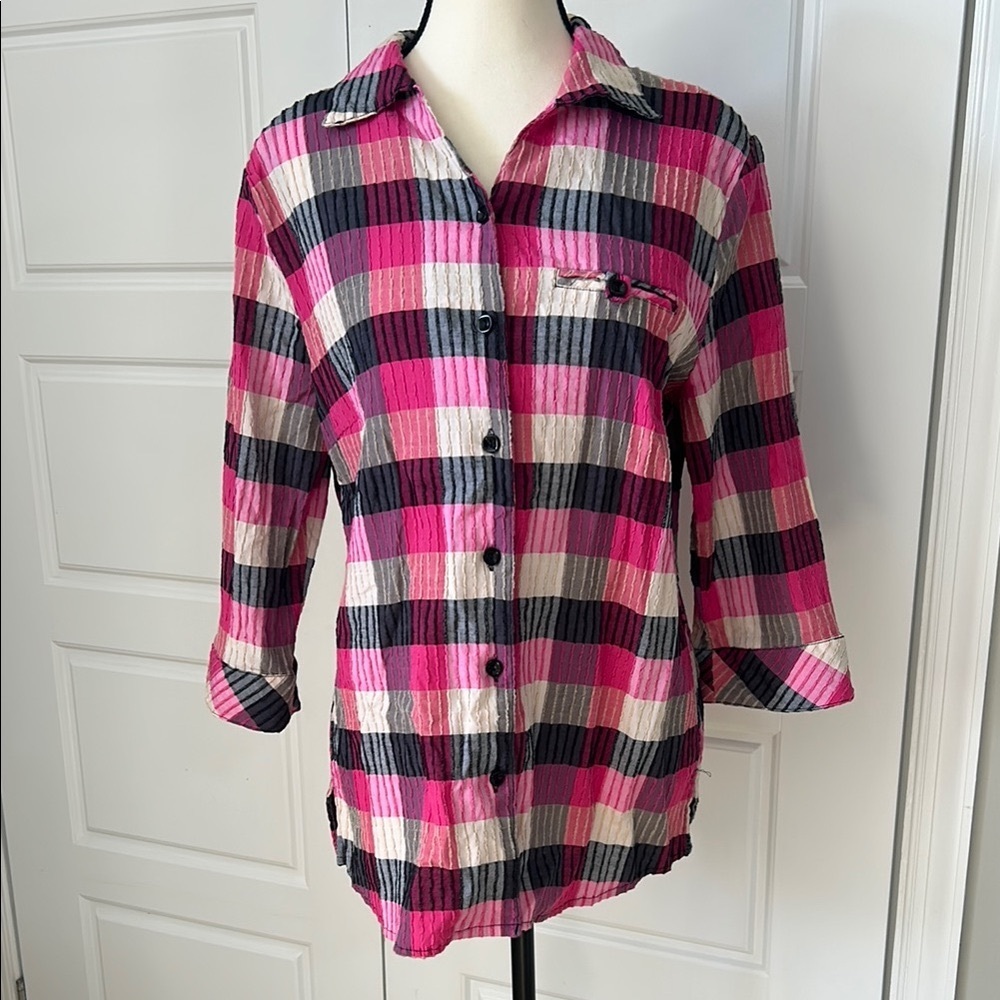Allison Daley Pink and Black Plaid Relaxed Textured Button Down Shirt L/XL